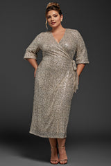 Curveins Plus Size Sequin Wrap Midi Dress