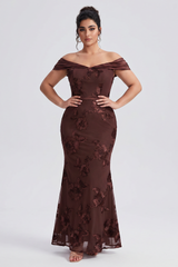 Curveins Plus Size Off Shoulder Floral Pattern Ruched Waist Bodycon Elegant Maxi Dress