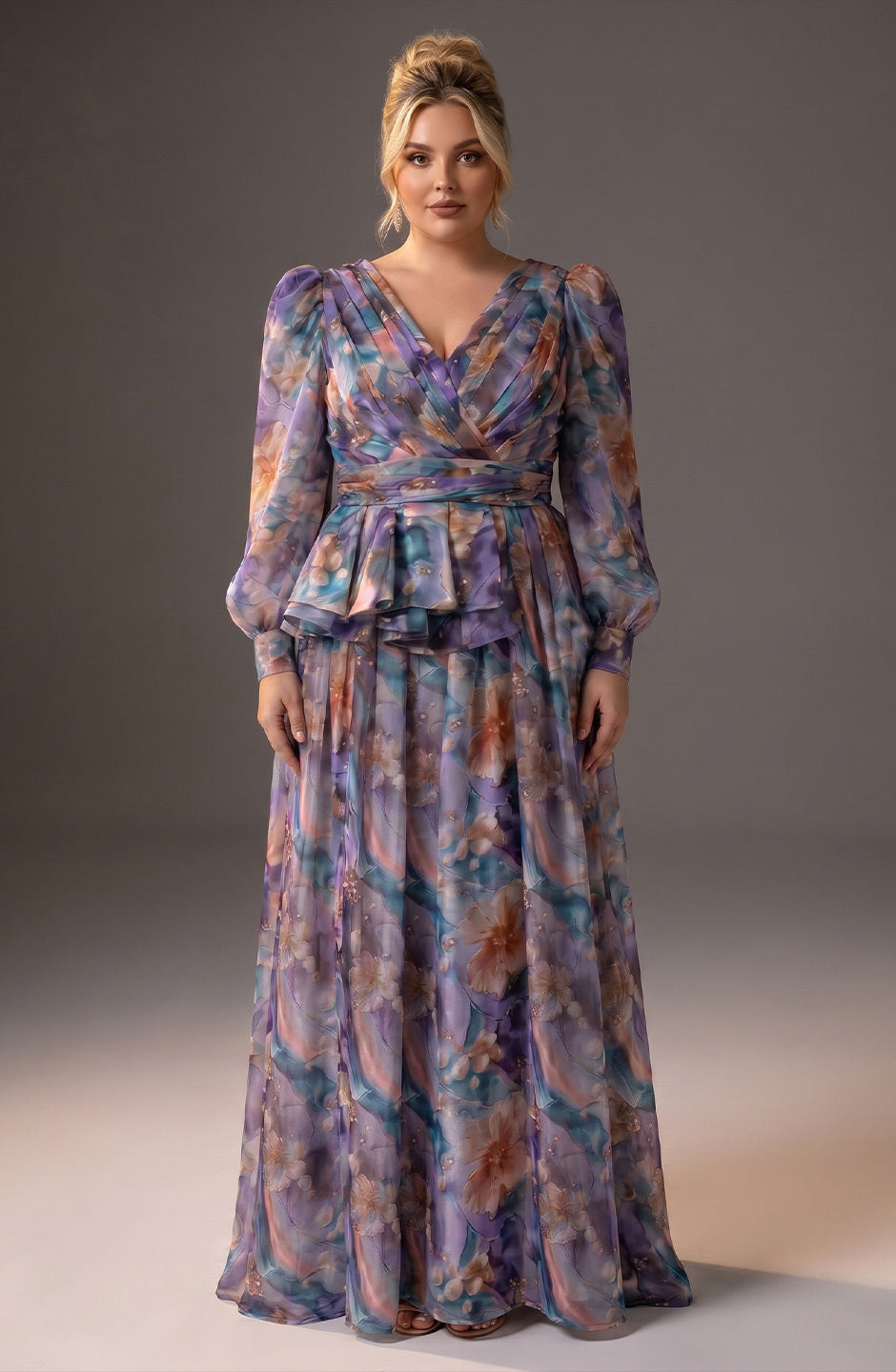 Curveins Plus Size V Neck Floral Long Sleeve Ruched Waist Elegant Maxi Dress