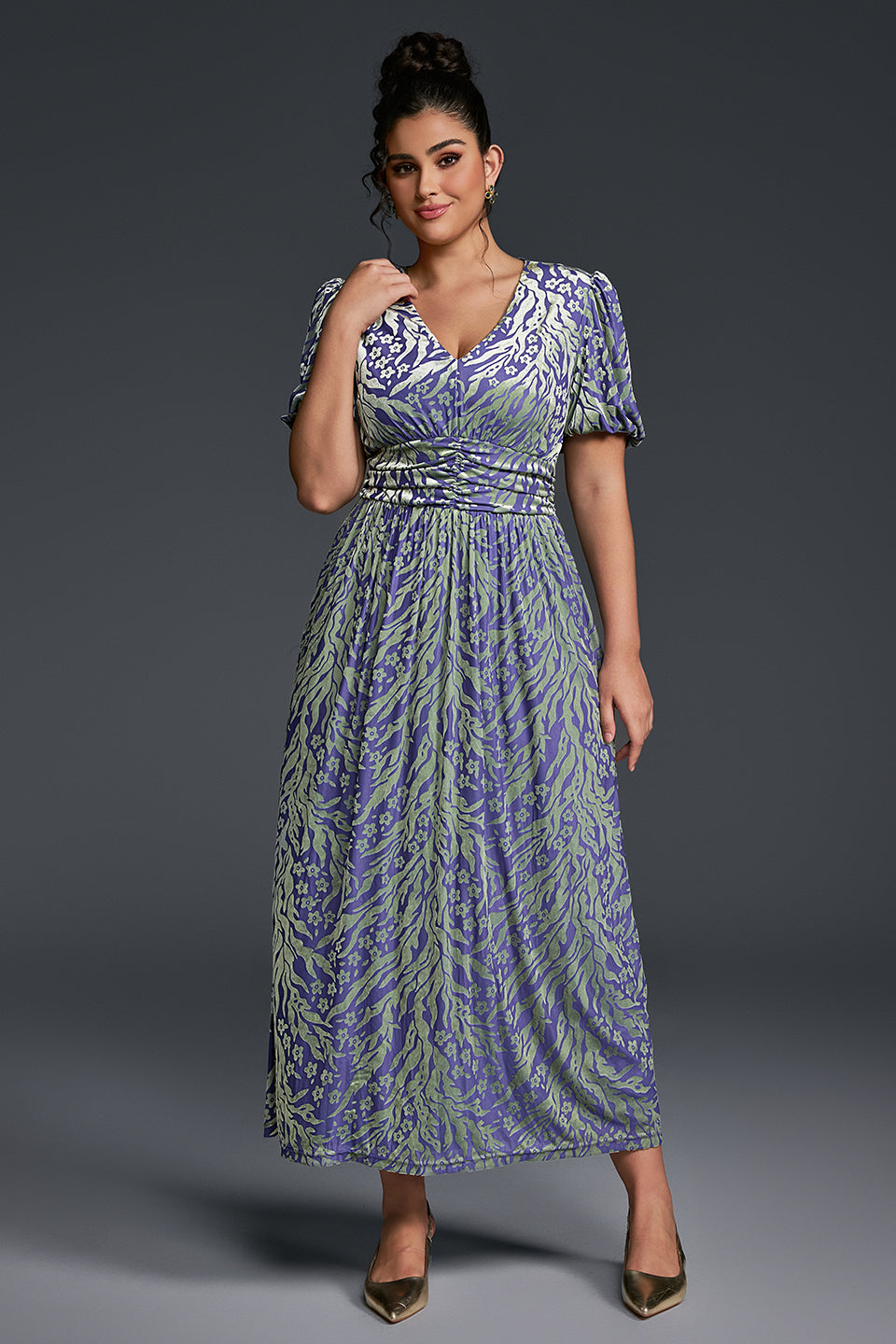Curveins Plus Size V-Neck Velvet Plain Maxi Dress