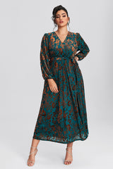 Curveins Plus Size Green Floral Velvet Wrap Maxi Dress