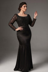 Curveins Plus Size Round Neck Long Sleeve Patchwork Ruched Waist Bodycon Maxi Dress