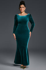 Curveins Plus Size Round Neck Long Sleeve Rhinestone Waist Bodycon Velvet Maxi Dress