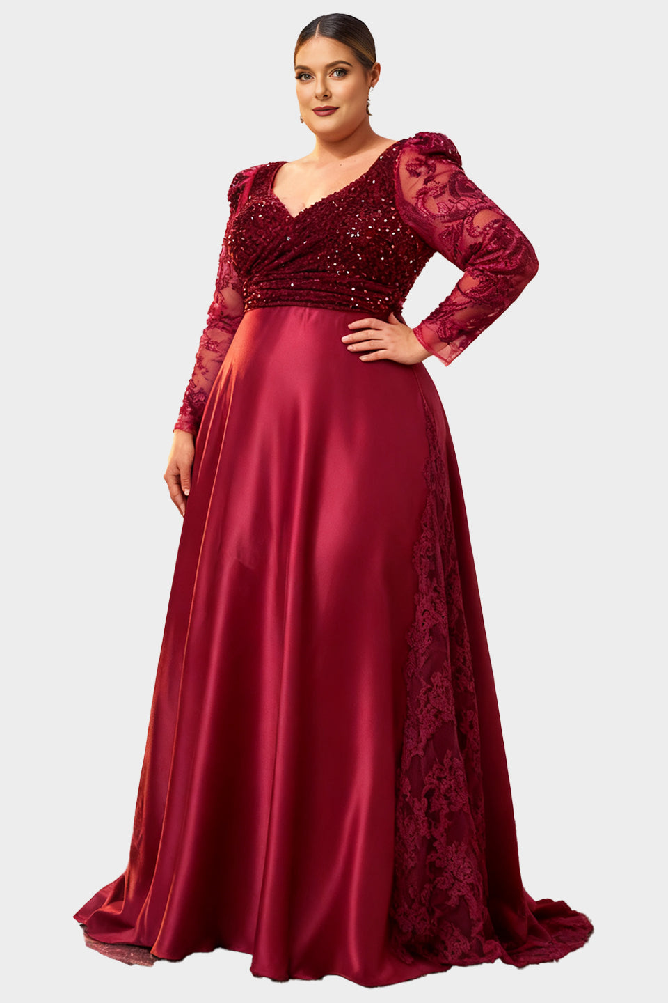 Curveins Plus Size V-Neck Long Sleeve Patterned Sequin Panel Maxi Dress