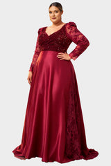 Curveins Plus Size V-Neck Long Sleeve Patterned Sequin Panel Maxi Dress