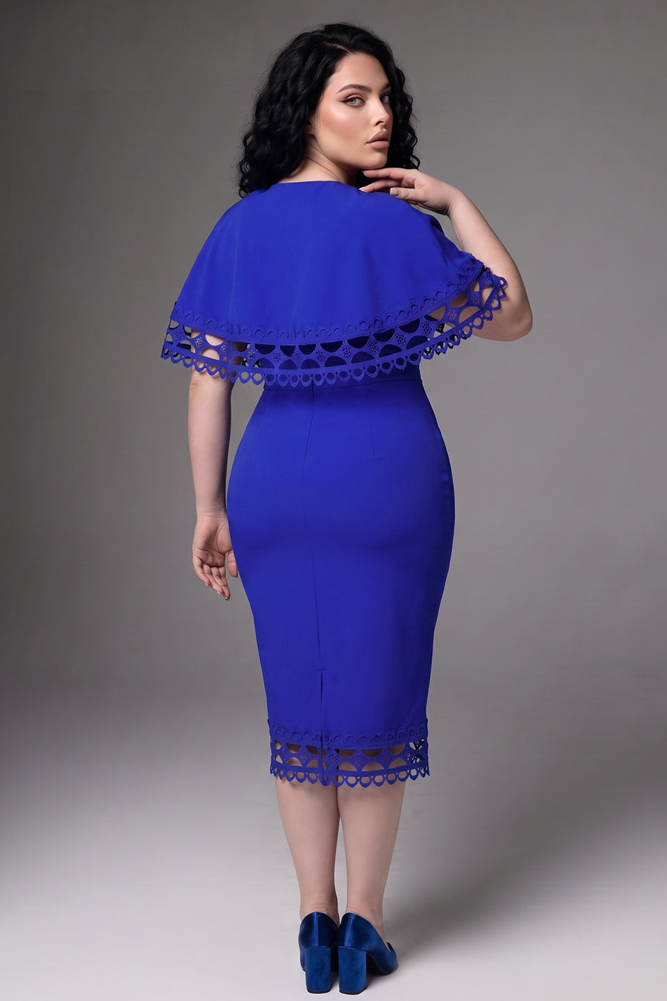 Curveins Plus Size Round Neck Hollow Lace Cape Overlay Bodycon Midi Dress