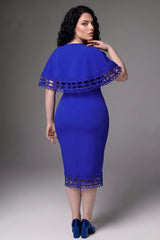 Curveins Plus Size Round Neck Hollow Lace Cape Overlay Bodycon Midi Dress
