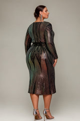 Curveins Plus Size V-Neck Long Sleeve Sequin Spider Stripe Waist Midi Dress