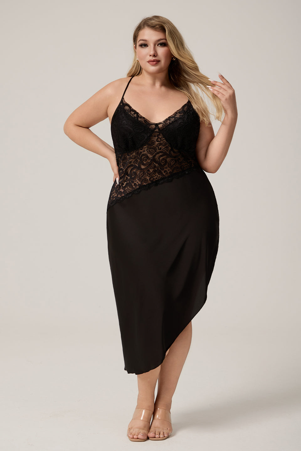 Curveins Plus Size Spaghetti Strap Sleepwear with Lace Top and Slanted Hem, Chic Feminine Nightwear