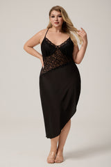 Curveins Plus Size Spaghetti Strap Sleepwear with Lace Top and Slanted Hem, Chic Feminine Nightwear
