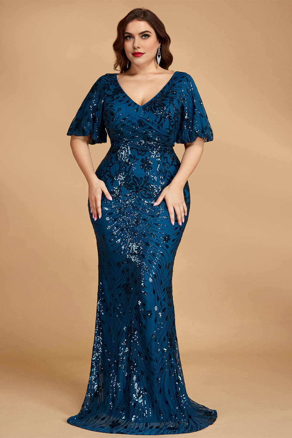 Curveins Plus Size V-Neck Batwing Sleeve Floral Sequin Bodycon Maxi Dress