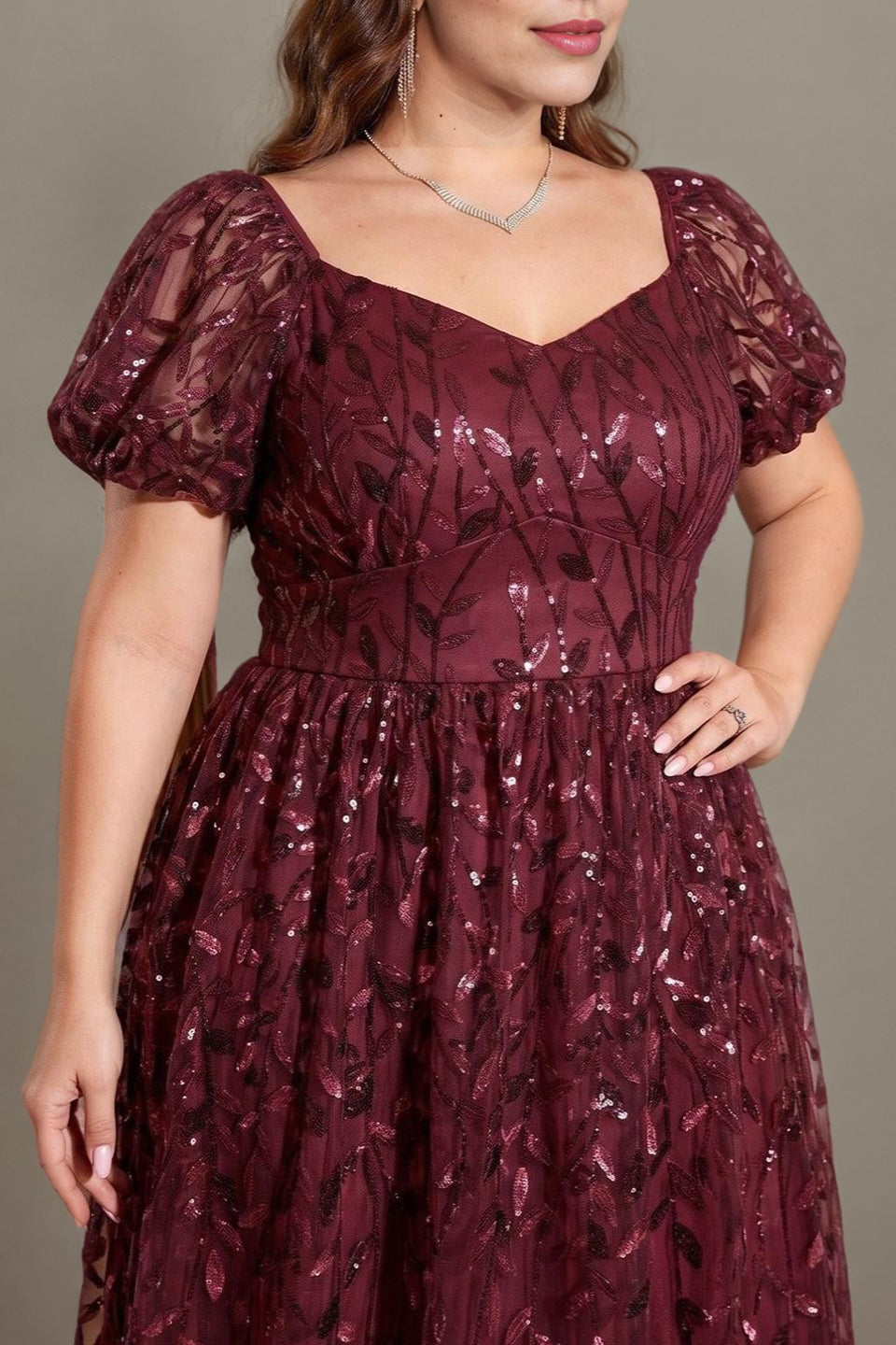 Curveins Plus Size Short Sleeve Embroidered Sequin Puff Sleeve Elegant Maxi Dress