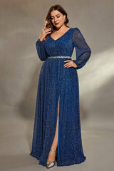 Curveins Plus Size V-Neck Long Sleeve Sequin Maxi Dress with Waist Tie and Side Slit