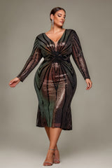 Curveins Plus Size V-Neck Long Sleeve Sequin Spider Stripe Waist Midi Dress