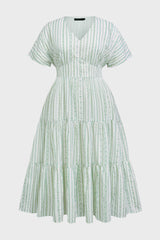 Curveins Plus Size V-Neck Striped Short Sleeve Pleated Maxi Dress
