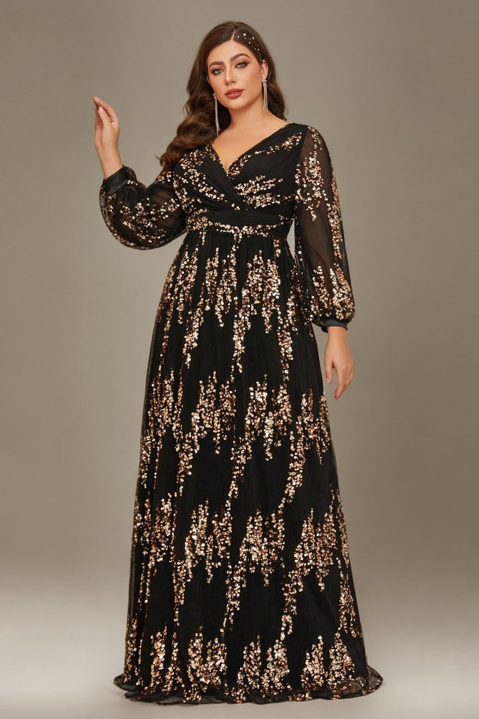Curveins Plus Size Sequin V-Neck Lantern Sleeve Formal Party Maxi Dress