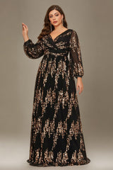 Curveins Plus Size Sequin V-Neck Lantern Sleeve Formal Party Maxi Dress