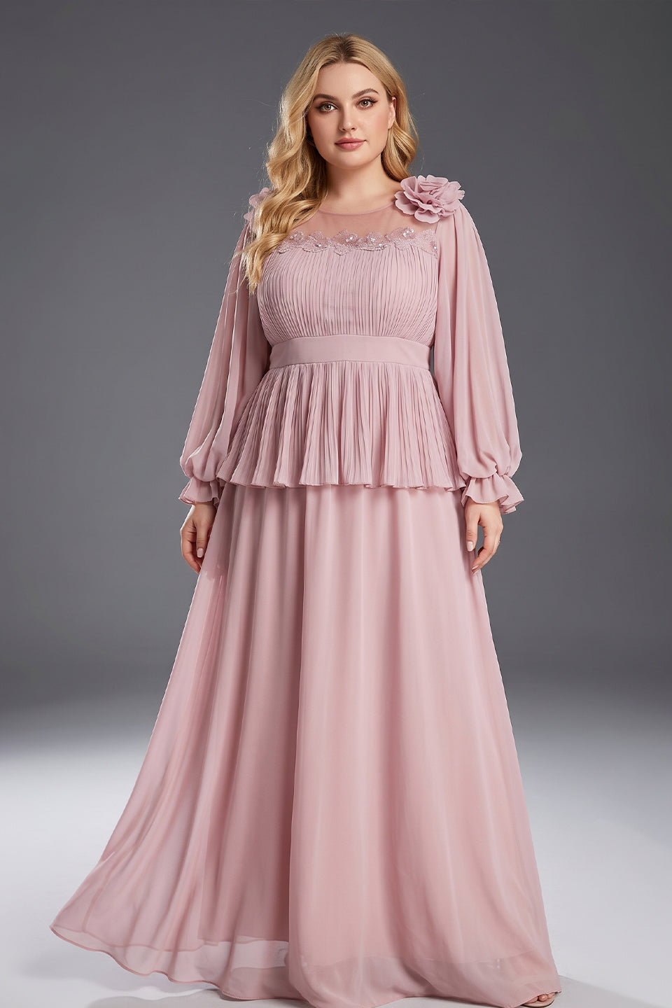 Curveins Plus Size Crew Neck Puff Sleeve Faux Two Piece Panelled Maxi Dress