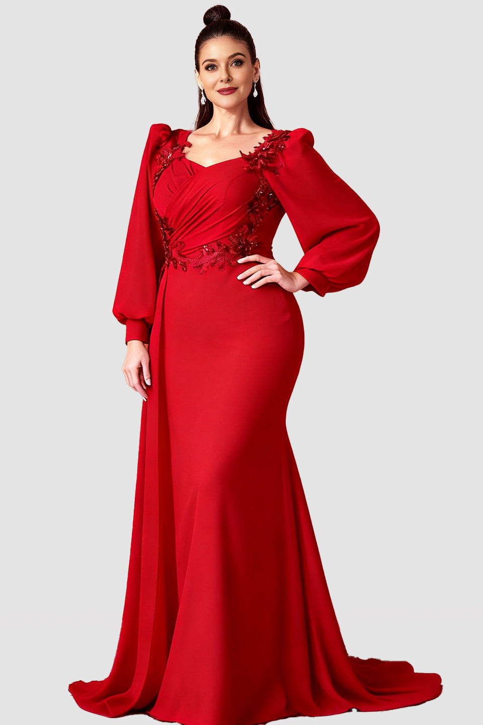Curveins Plus Size Elegant V-Neck Sequin Floral Lantern Sleeve Slimming Maxi Dress
