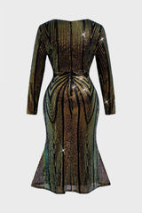 Curveins Plus Size V-Neck Long Sleeve Sequin Spider Stripe Waist Midi Dress