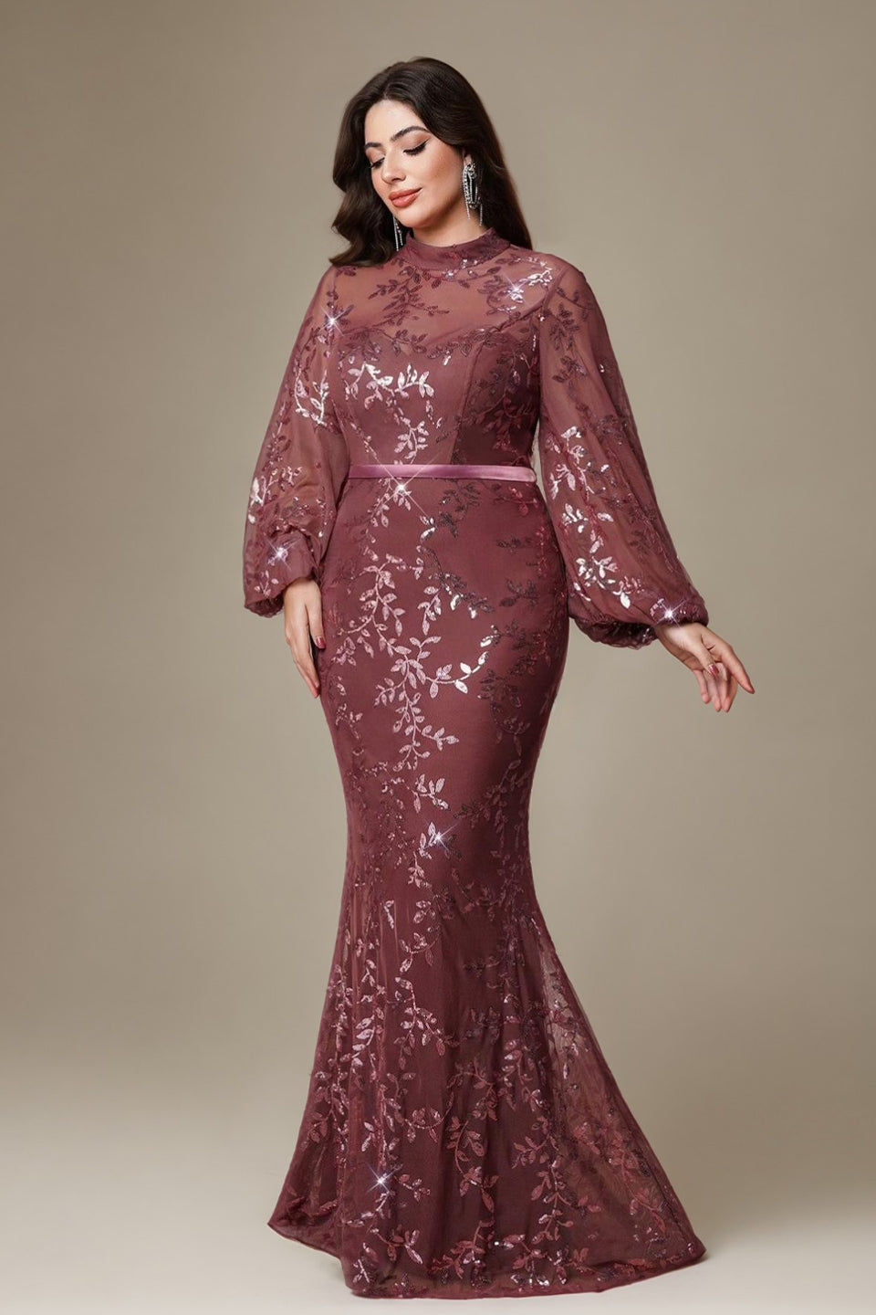 Curveins Plus Size High Neck Lantern Sleeve Embroidered Bodycon Maxi Dress