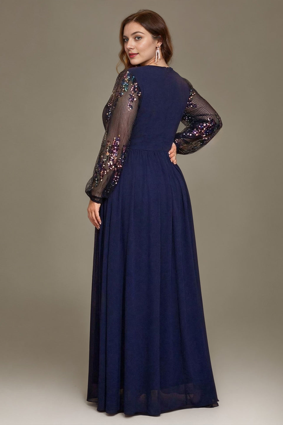 Curveins Plus Size V Neck Long Sleeve Sequin Cinched Waist Elegant Maxi Dress