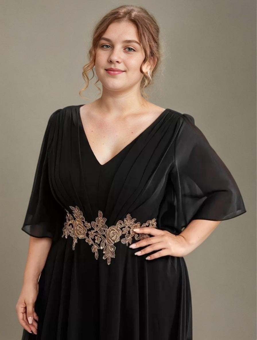 Curveins Plus Size V-Neck Embroidered Belted Maxi Dress