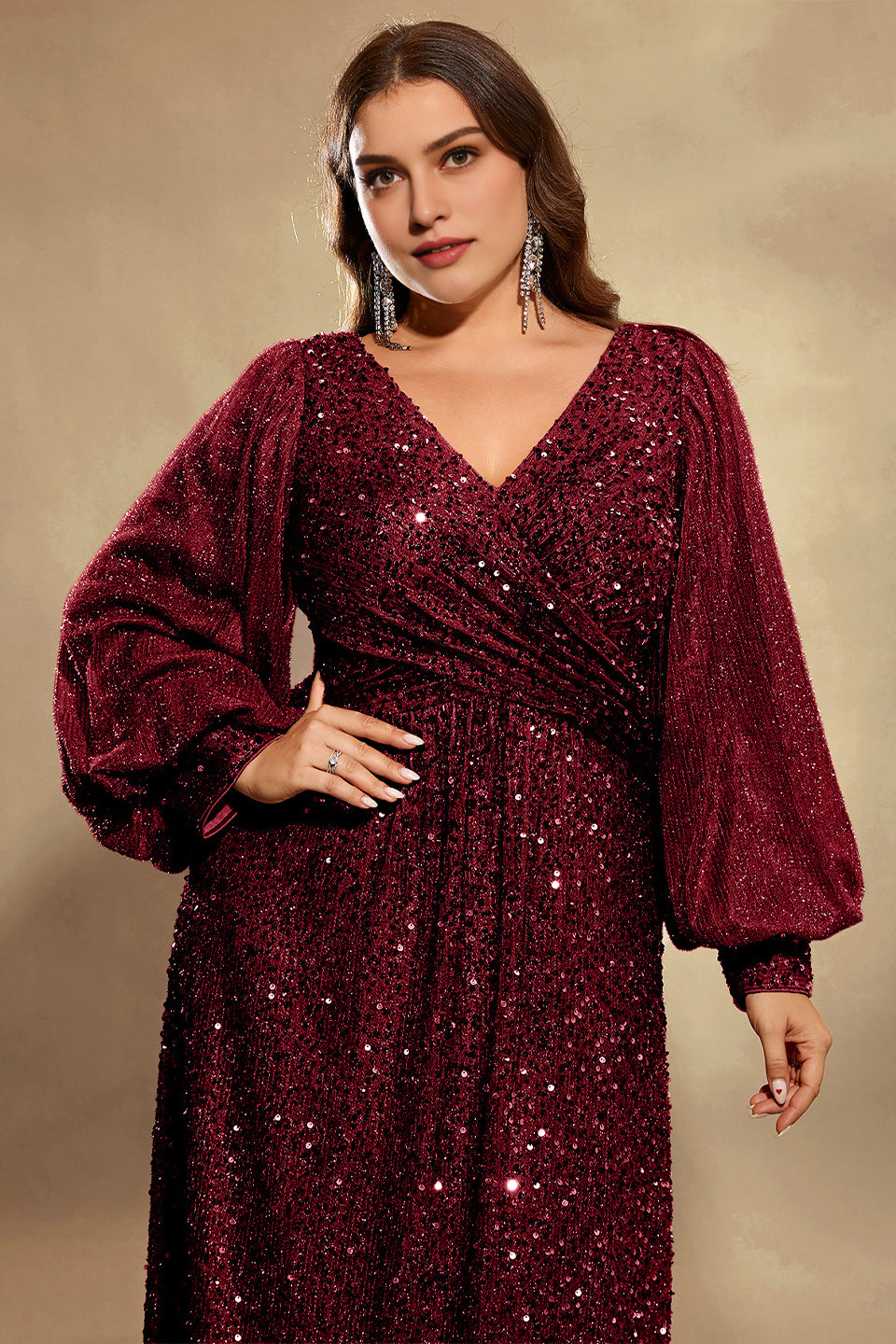 Curveins Plus Size Sequin V Neck Lantern Sleeve Maxi Dress