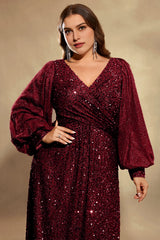 Curveins Plus Size Sequin V Neck Lantern Sleeve Maxi Dress