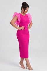 Curveins Plus Size Ruffle Sleeve Color Block Bodycon Midi Dress Elegant Fit