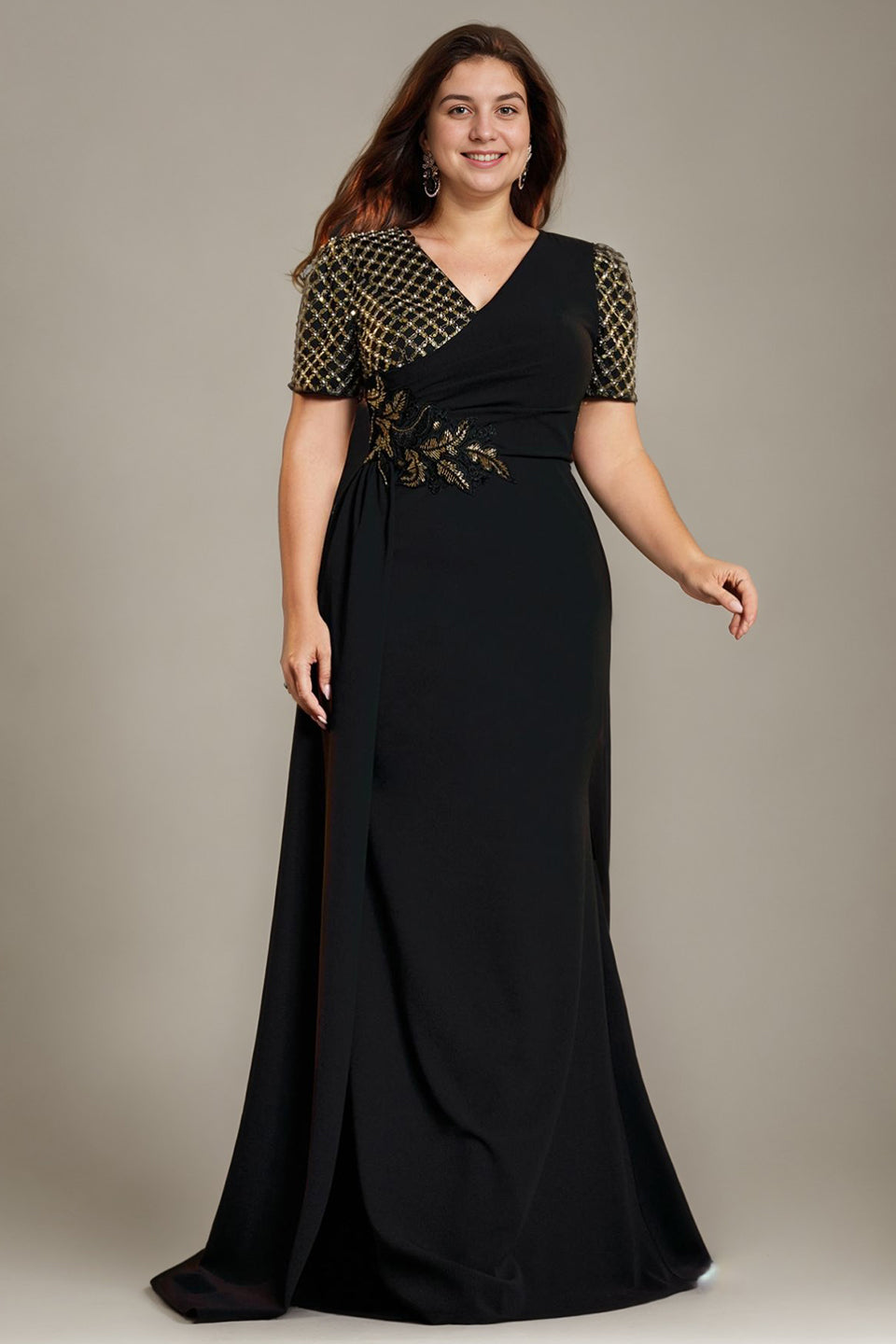 Curveins Elegant Plus Size Spliced V-Neck Floral Waistline Long Dress