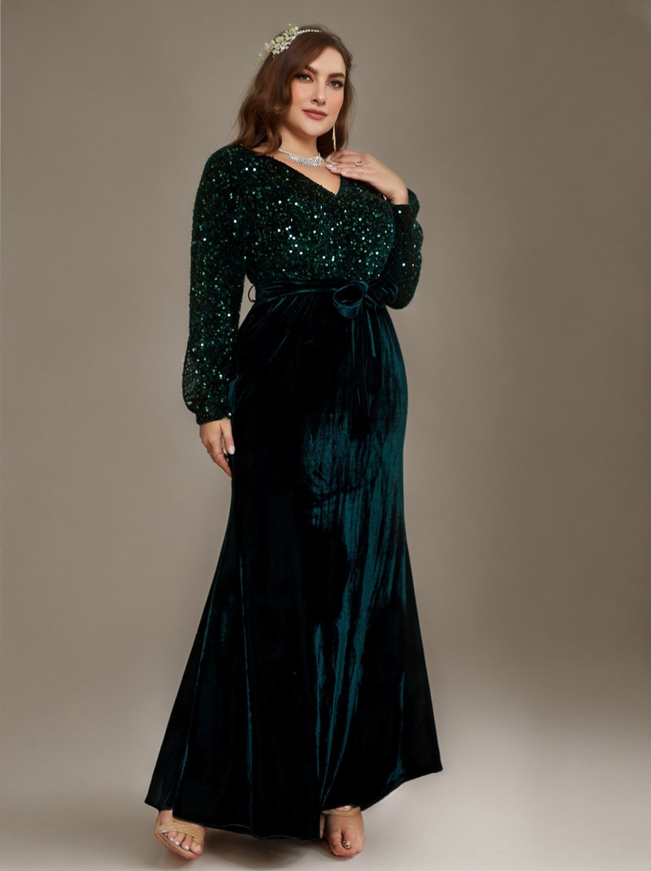 Curveins Plus Size V-Neck Sequin Velvet Patchwork Maxi Dress