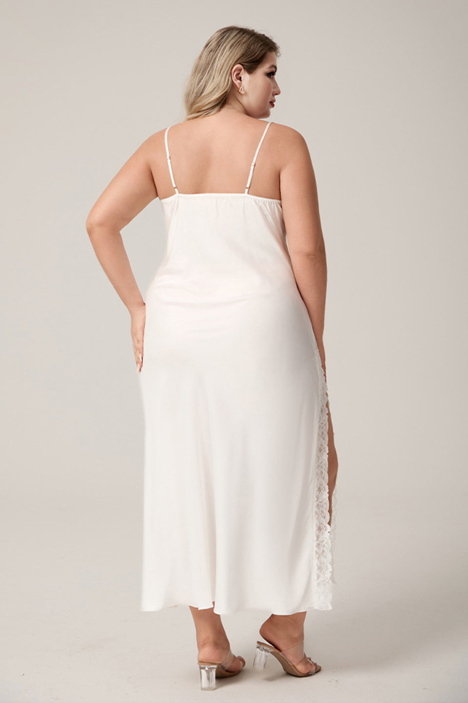 Curveins Plus Size Trimmed Lace High-Slit Spaghetti Strap Dress, Chic Elegant Nightwear