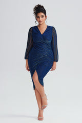 Curveins Plus Size Lantern Sleeve Wrap Sequin Mesh Dress