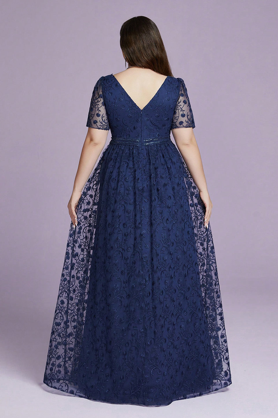 Curveins Plus Size Elegant V-Neck Embroidered Short-Sleeve Slimming Maxi Dress