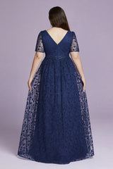 Curveins Plus Size Elegant V-Neck Embroidered Short-Sleeve Slimming Maxi Dress