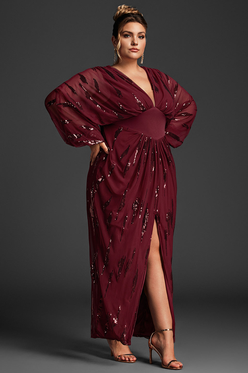 Curveins Plus Size V Neck Sequins Lantern Sleeve Slit Mesh Dress