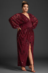 Curveins Plus Size Lantern Sleeve Slit Mesh Dress -Burgundy