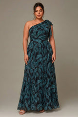 Curveins Plus Size One Shoulder Striped Cinched Waist Elegant Flowing Maxi Dress