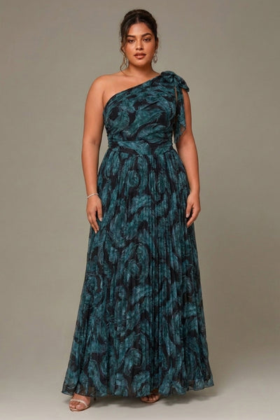 Curveins Plus Size One Shoulder Striped Cinched Waist Elegant Flowing Maxi Dress 18-20/2X / Green