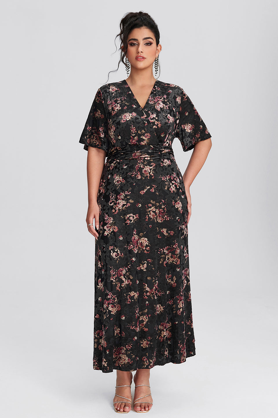 Curveins Plus Size Velvet Surplice Vintage Plain Maxi Dress