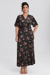 Curveins Plus Size Velvet Surplice Vintage Plain Maxi Dress