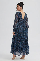 Curveins Plus Size V Neck Long Sleeve Floral Tiered Maxi Dress