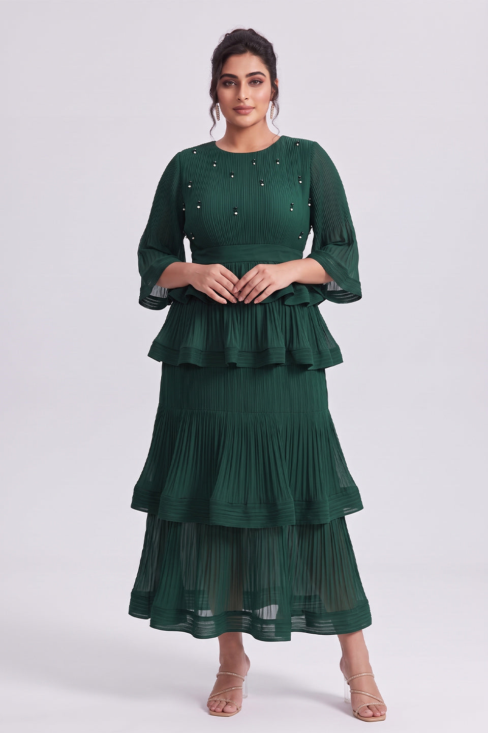 Curveins Plus Size Crew Neck Long Sleeve Ruffle Tiered Skirt Set