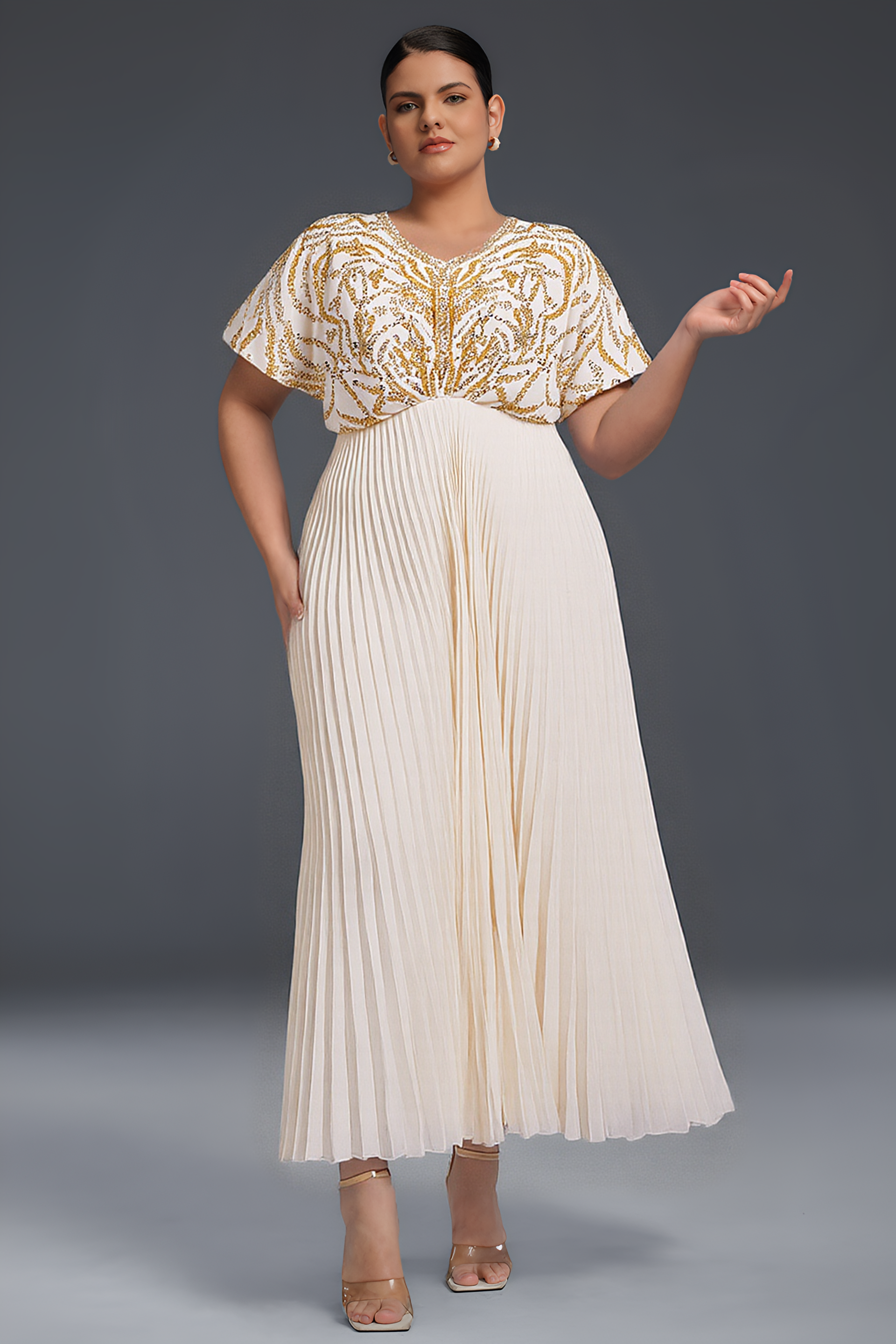 Curveins Plus Size V-Neck Sequin Glitter High-Low Maxi Dress