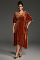 Curveins Plus Size Wrap V-Neck Belted Asymmetrical Hem Midi Dress