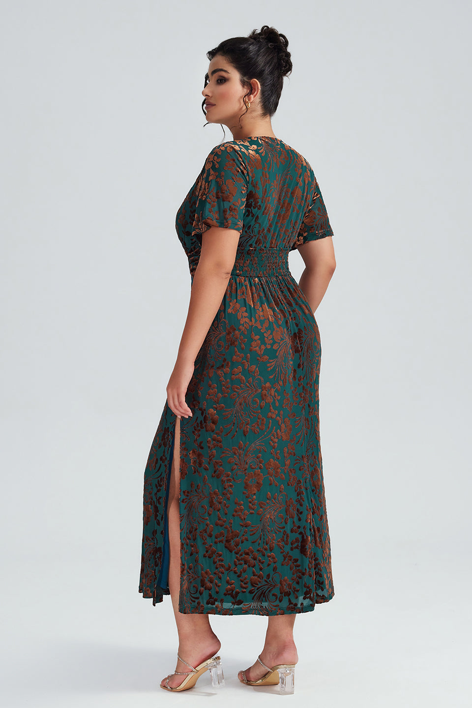 Curveins Plus Size Velvet Surplice Vintage Plain Maxi Dress