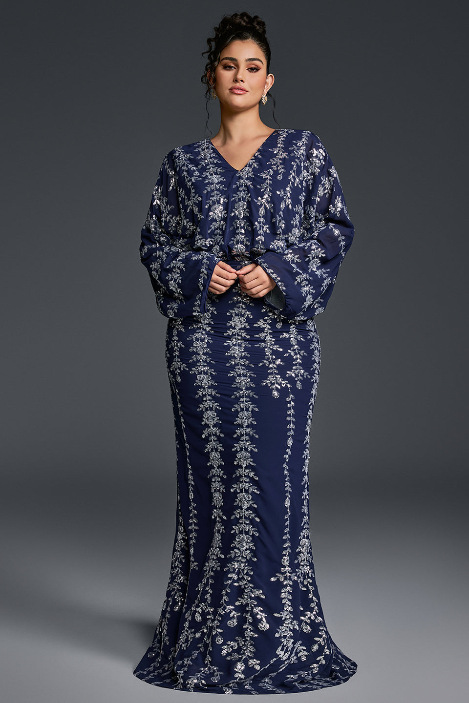 Curveins Plus Size V-Neck Vertical Sequin Bodycon Maxi Dress Elegant Evening Wear