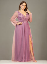 Curveins Plus Size V-Neck Sequin Mesh Patchwork Maxi Dress