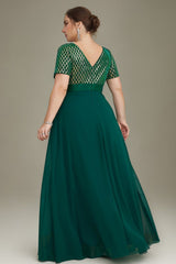 Curveins Plus Size Sequin V-Neck Short Sleeve Maxi Evening Gown